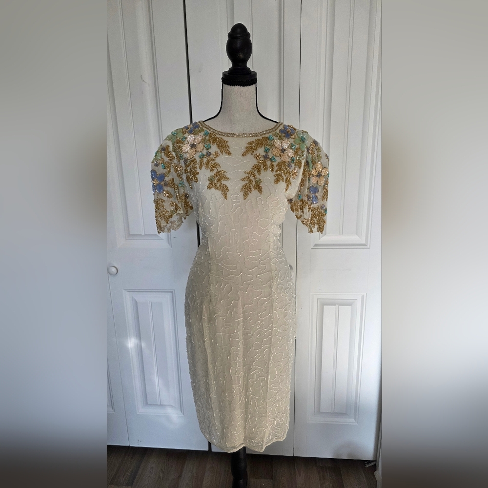 Vintage Handmade Hand Beaded Silk Cocktail Dress